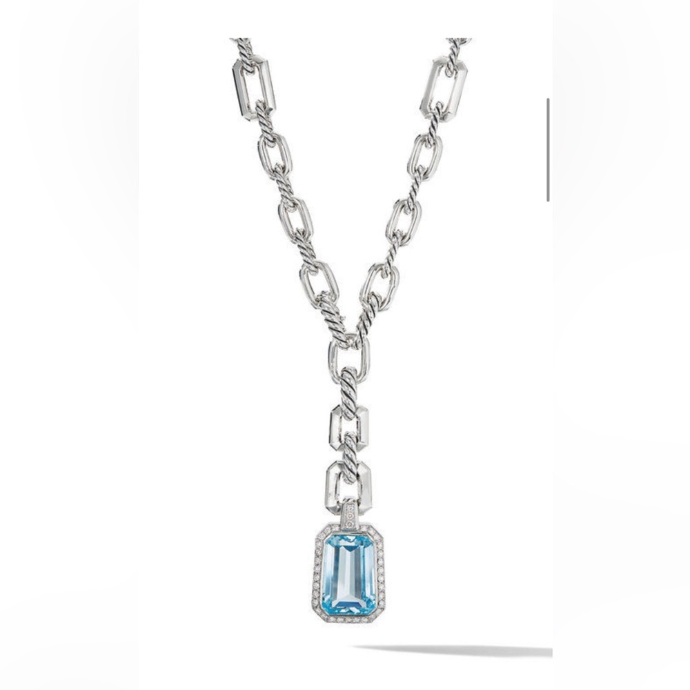 David Yurman Stax Y Drop Pendant Necklace with Blue Topaz and Pavé Diamonds